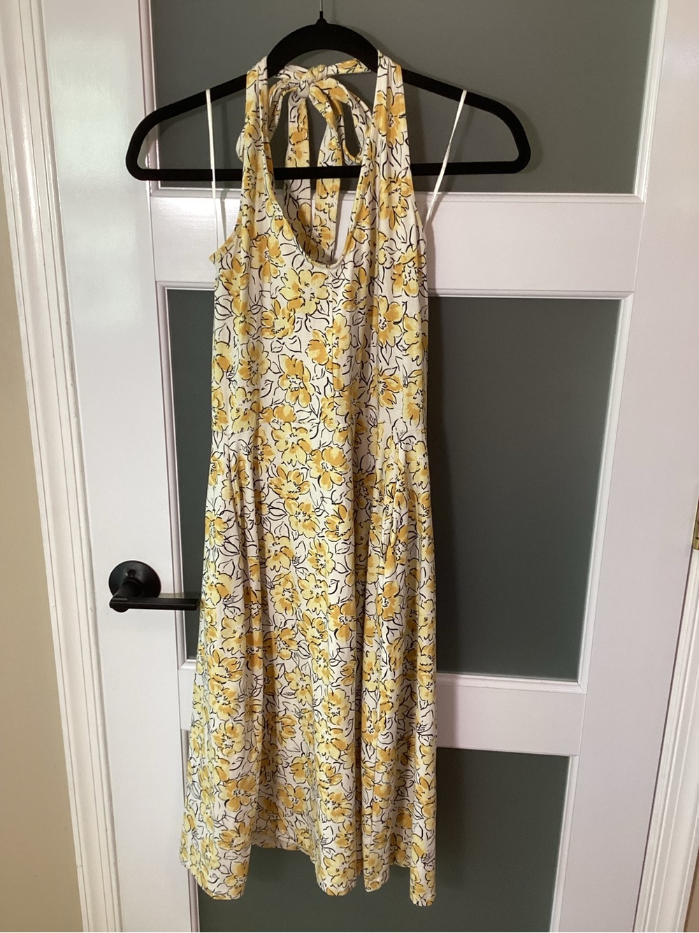 Womens Organic Fit & Flare Halter Dress - Yellow Floral - Tie Neck - M